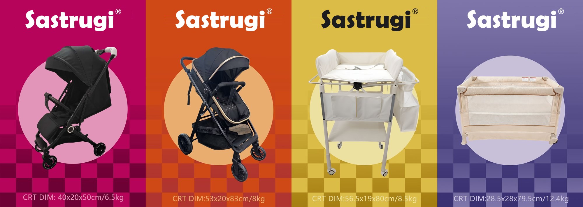 The four Sastrugi® feature products with the carton dimensions printed on the artwork: 40x20x50cm/6.5kg · 53x20x83cm/8kg · 56.5x19x80cm/8.5kg · 28.5x28x79.5cm/12.4kg.