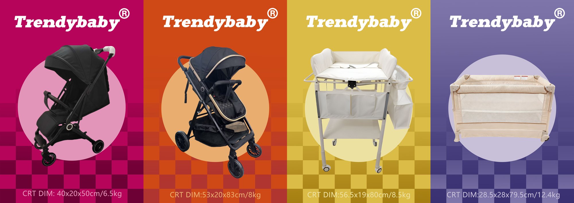 The four Trendybaby® feature products with the carton dimensions printed on the artwork: 40x20x50cm/6.5kg · 53x20x83cm/8kg · 56.5x19x80cm/8.5kg · 28.5x28x79.5cm/12.4kg.